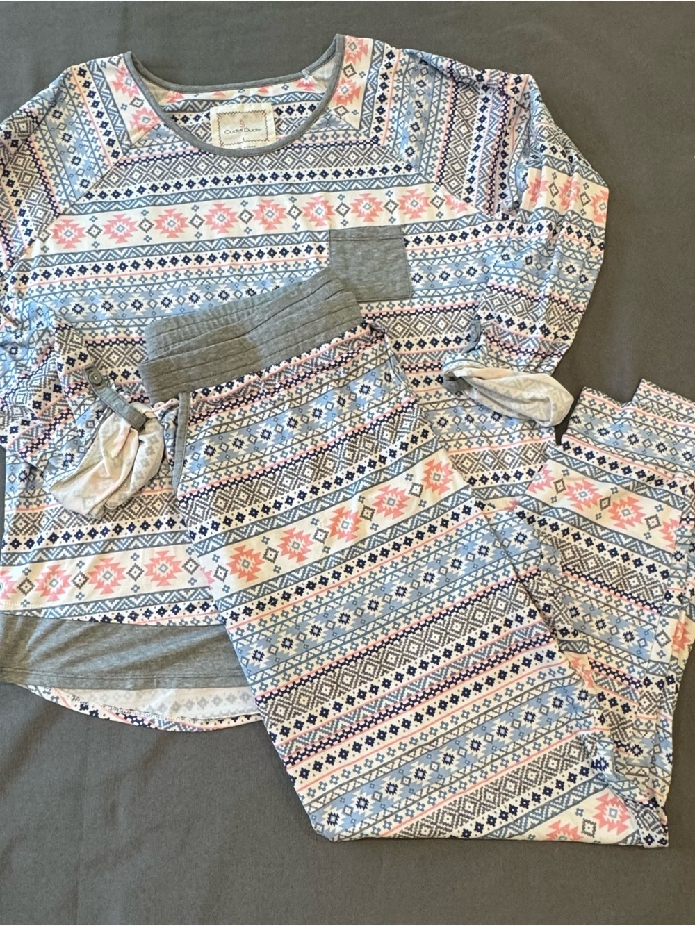 Cuddl Duds Women's Pink & Grey Fair Isle Pajama Set Size L Soft Cozy Cabincore